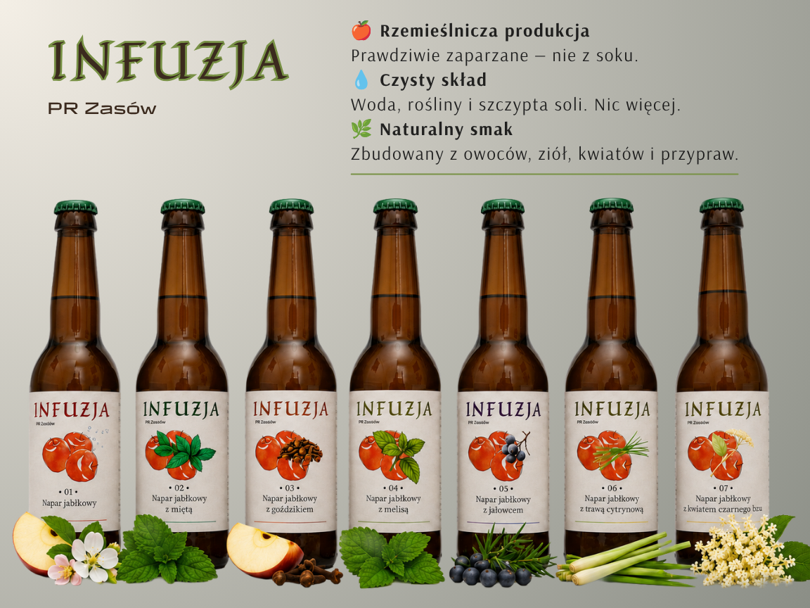 Portfolio siedmiu smaków INFUZJI wraz z naturalnymi składnikami